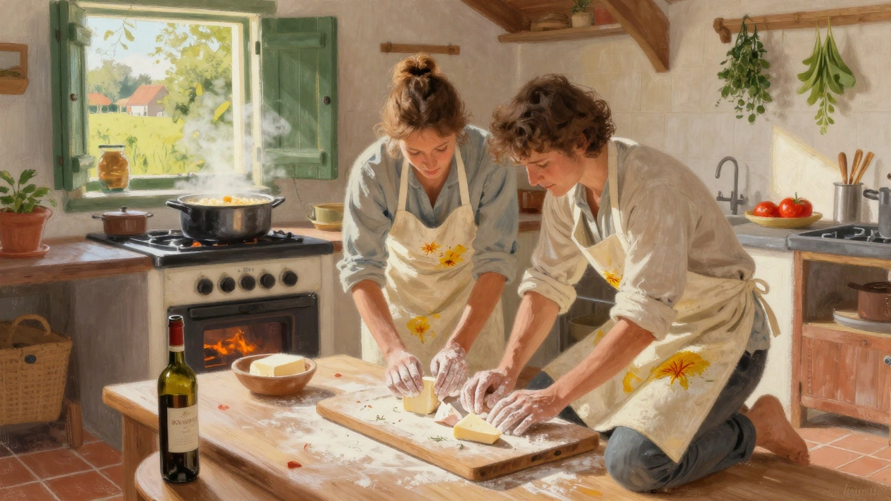 Twee mensen maken vers kaas in een zonnige boerderijkeuken, bloem en saffraan overal, een pot risotto kookt op het fornuis.