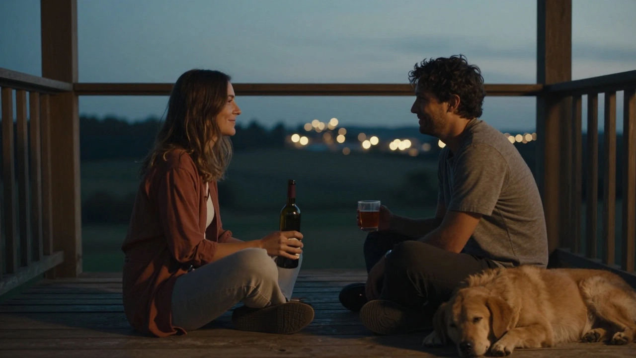 Twee mensen op een veranda bij zonsondergang, stil en vriendelijk, hond slapend bij hun voeten.