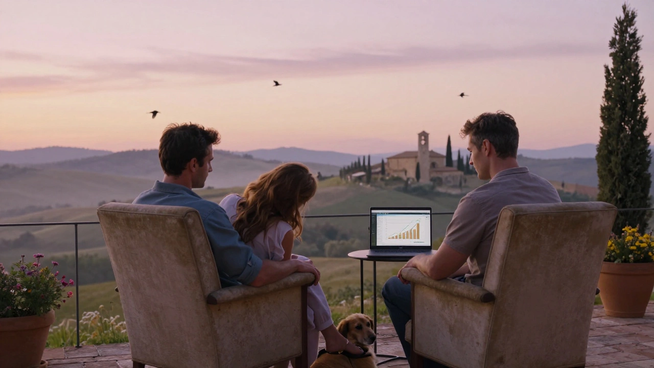 Twee ondernemers op een Toscaans terras bij zonsopgang, in stilte naast elkaar, hun hond aan hun voeten.