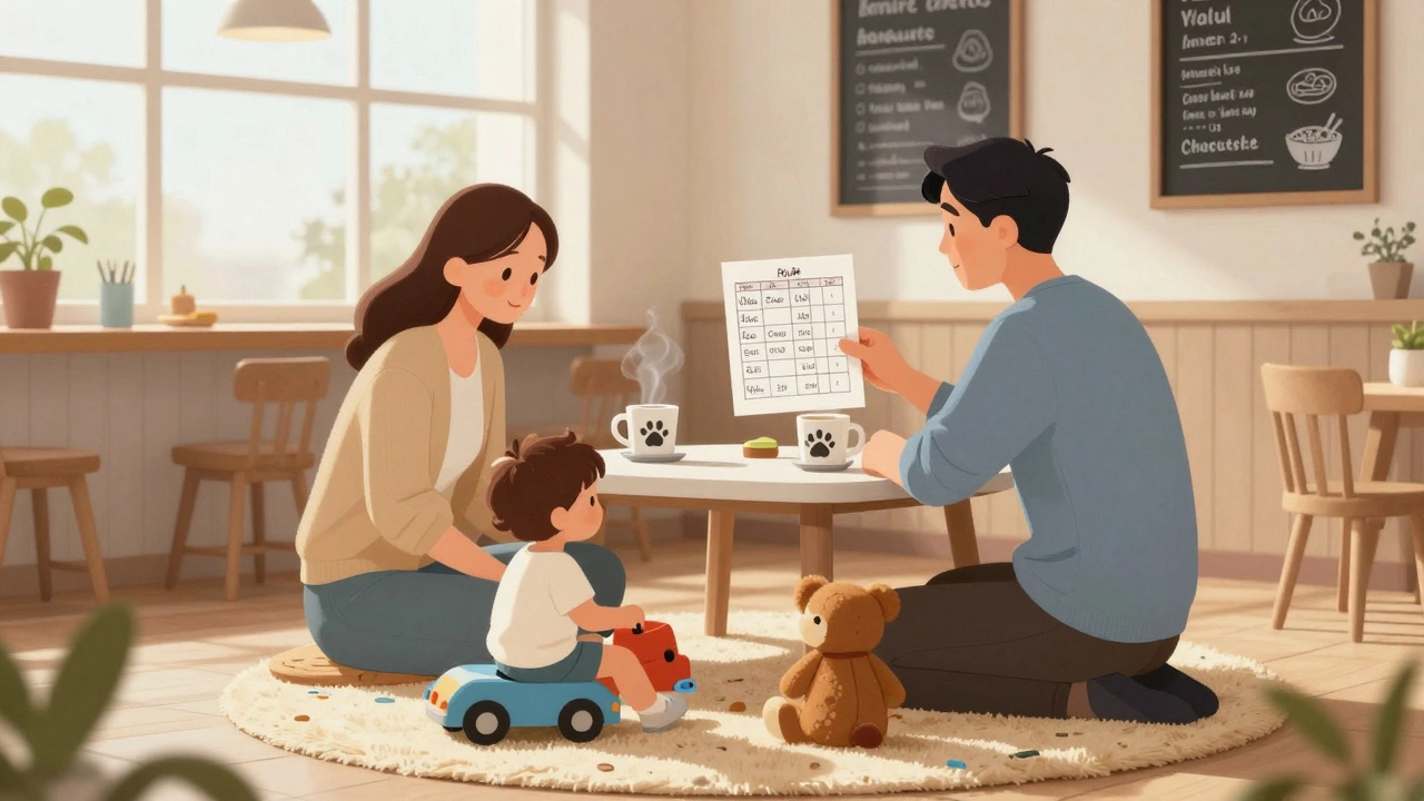 Twee ouders drinken koffie in een kindvriendelijk café terwijl hun kinderen samen spelen.