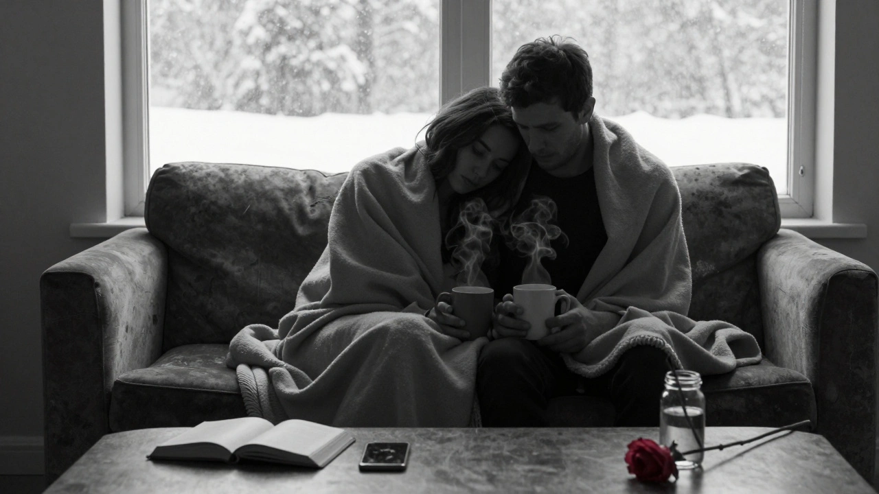 Twee silhouetten op een oude bank bij zonsopgang, samen in een deken, stil en verbonden.