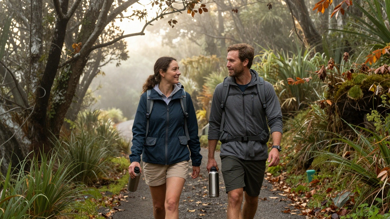 Two people hiking a forest trail in New Zealand, smiling quietly, backpacks and thermoses in hand.