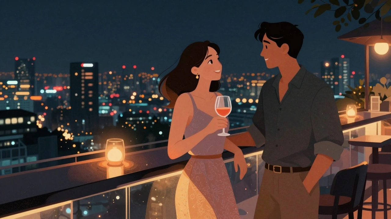 Vrouw op een rooftopbar in Bangkok met stadslicht achter haar.