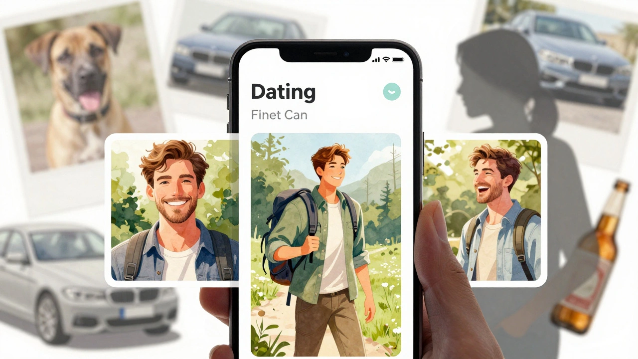 Dating profile showing three authentic photos: smiling, hiking, with a friend, while fake images fade away.