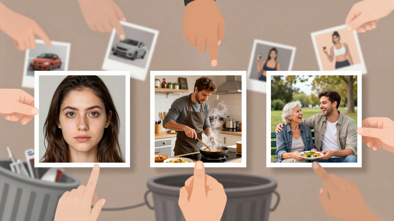 Drie profielfoto’s van een man: gezicht, aan het koken, met een familielid — andere foto’s worden weggeworpen.
