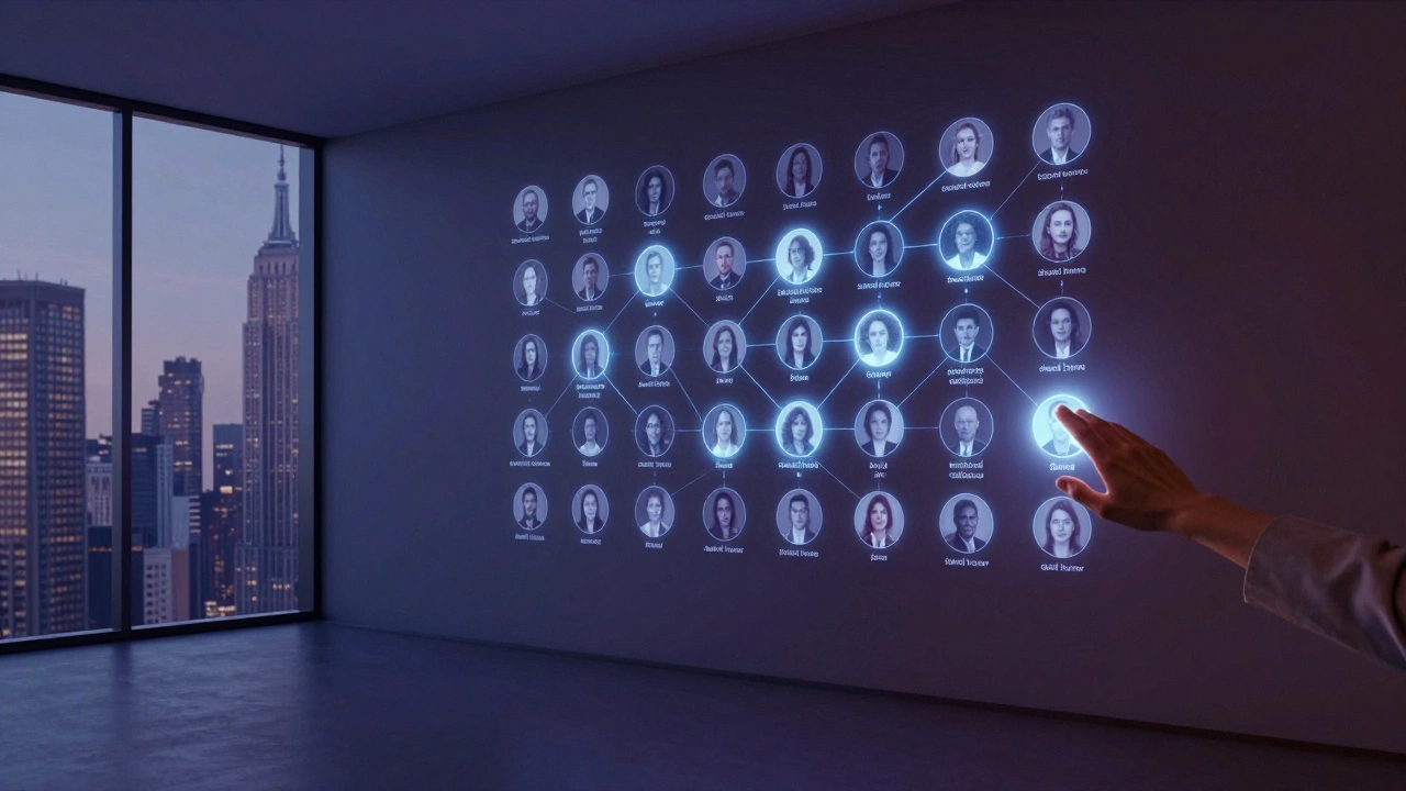 Een digitale netwerkweergave van 200 geselecteerde personen met emotionele kenmerken als lichtpuntjes.