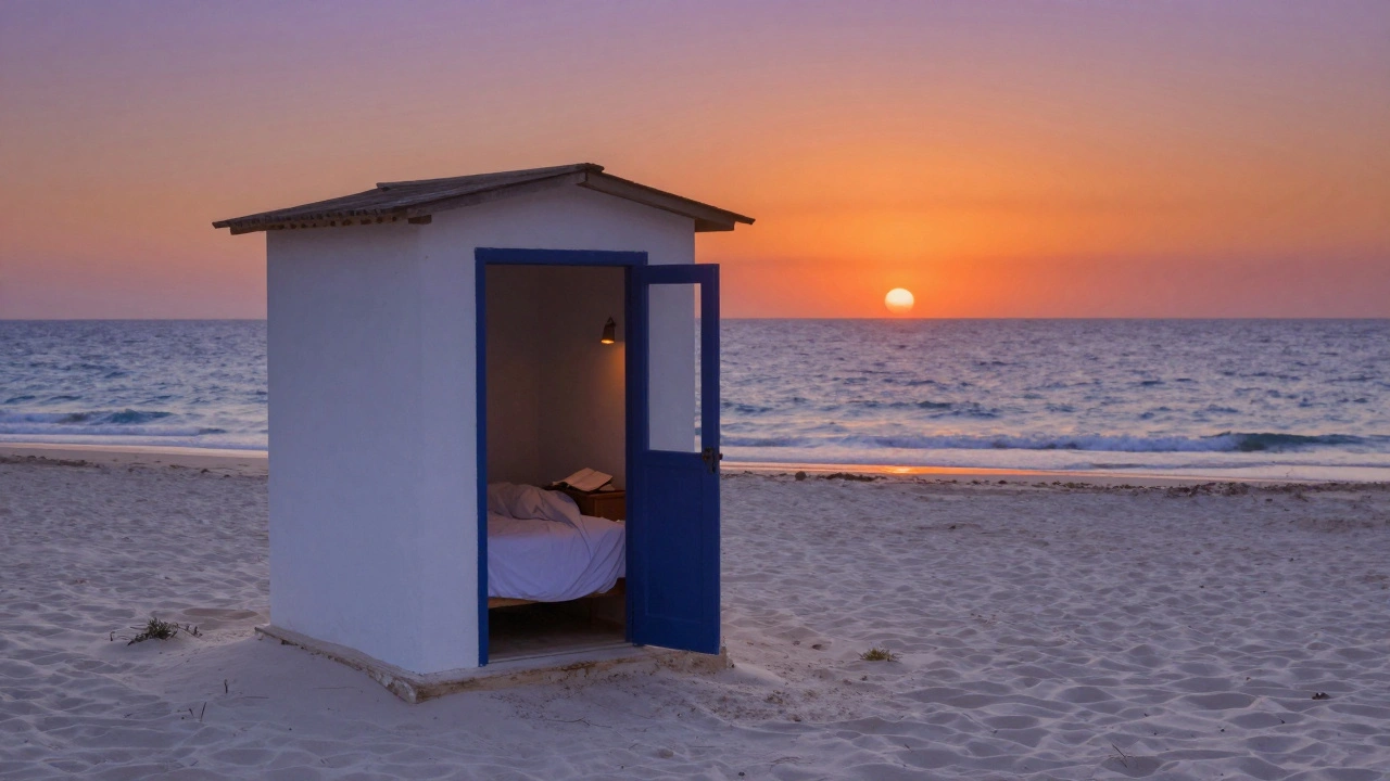 Een klein strandhuisje op Lampedusa met de zee en een open deur bij zonsondergang.