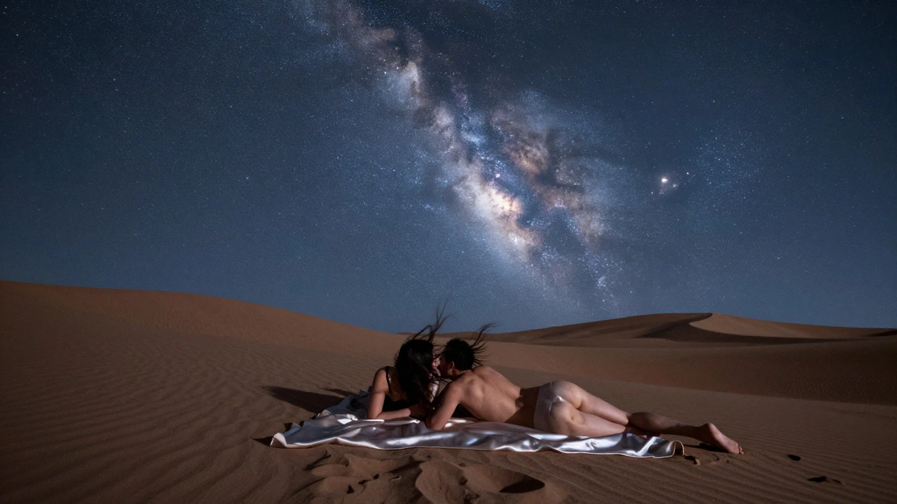 Een koppel ligt naakt op een deken op een zandduin, onder een hemel vol sterren en de Melkweg, in de Atacama-woestijn.
