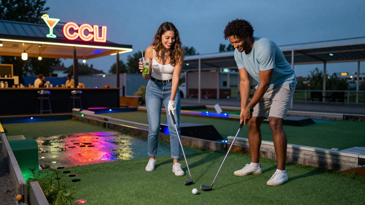 Een koppel speelt mini-golf bij zonsondergang met neonlichten en cocktails in de achtergrond.