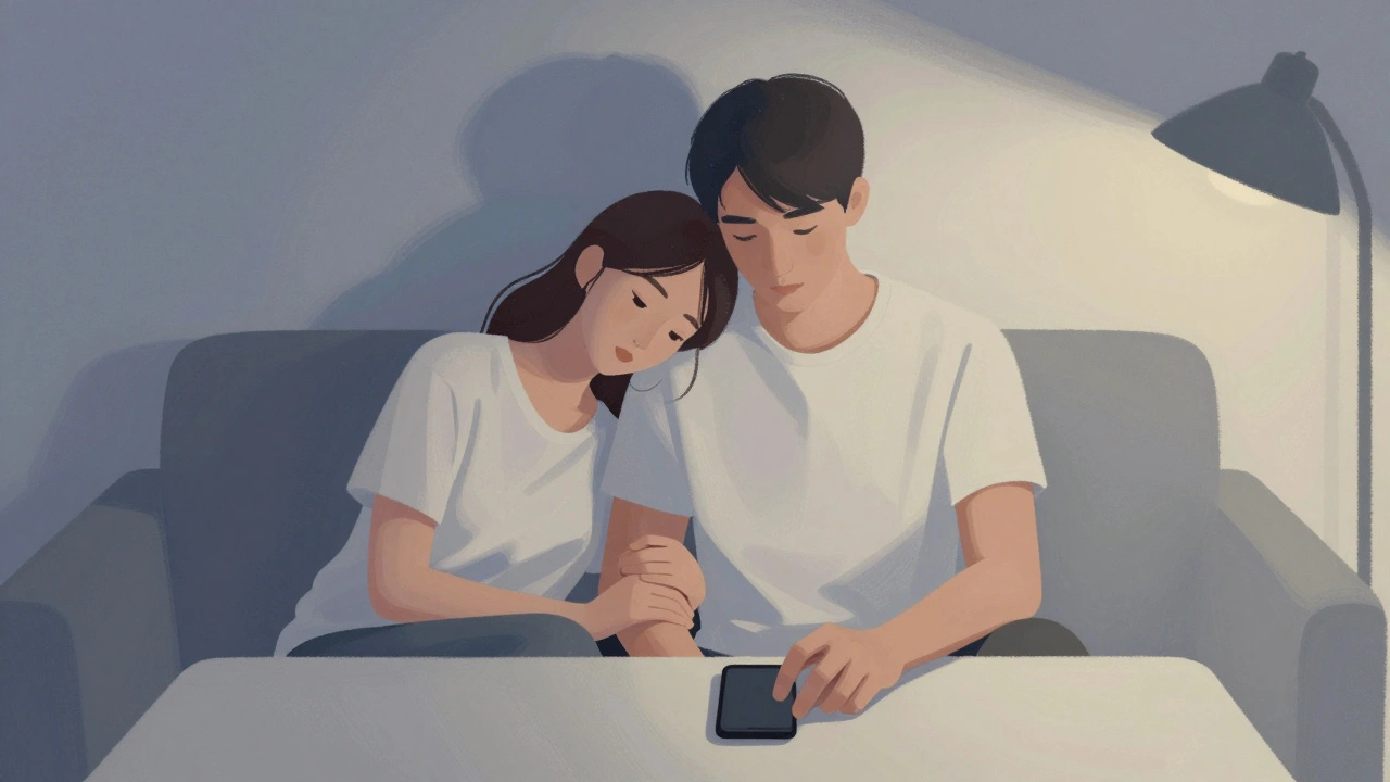 Een koppel zit samen op de bank, handen vasthoudend, telefoon weggelegd.