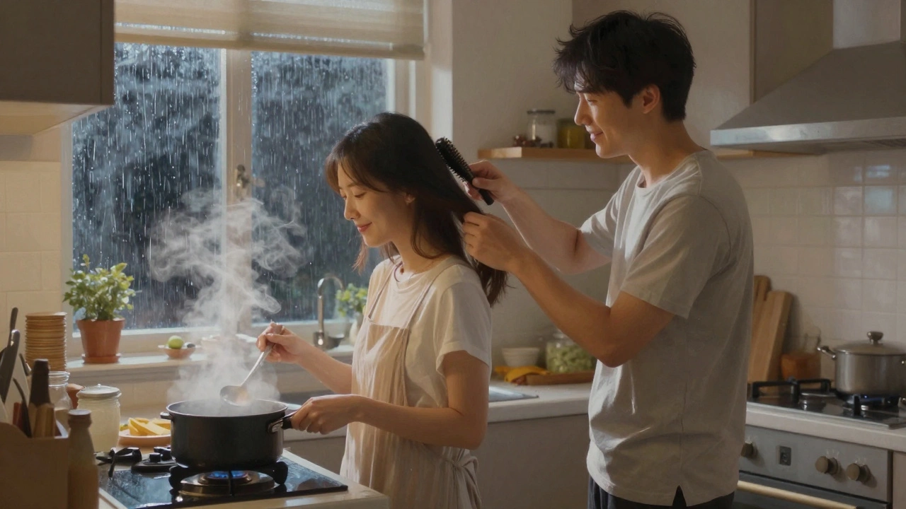 Een man en vrouw koken samen in de keuken, hij kamt haar haar.