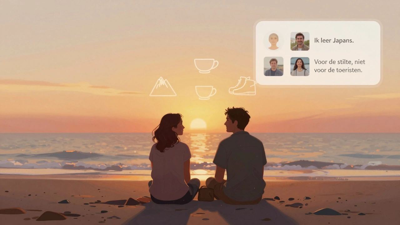 Een man en vrouw op het strand bij zonsondergang, met symbolen van hun gemeenschappelijke interesses in de lucht.