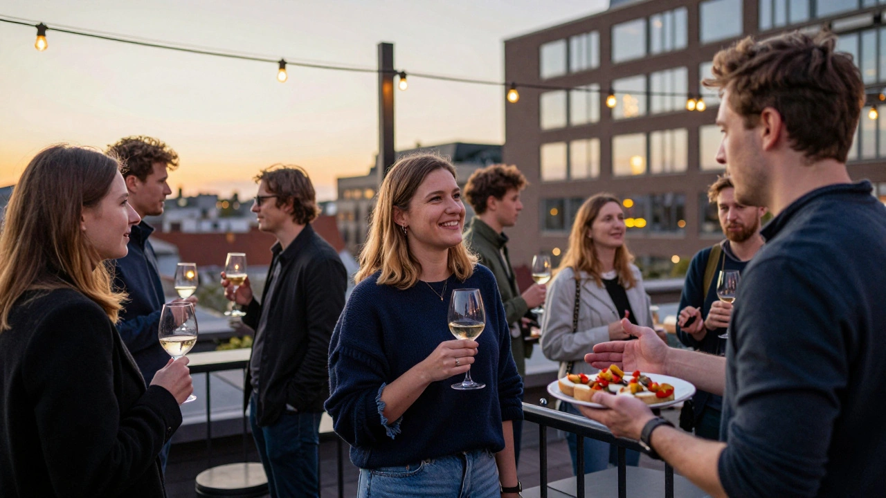 Een man en vrouw staan op een dakterras in Rotterdam met glazen wijn, lachend in het gouden licht van de ondergaande zon.