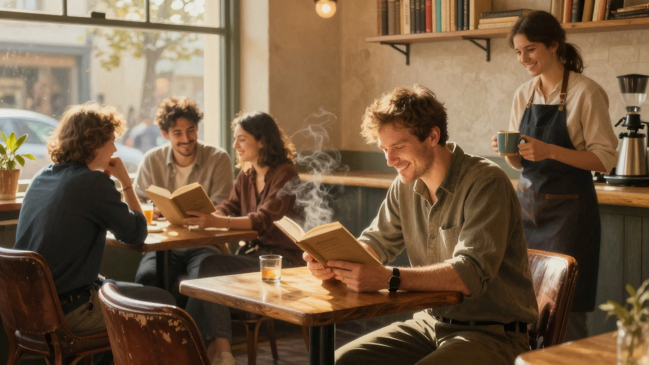 Een man leest in een gezellig café, terwijl een barista vriendelijk lacht — geen telefoons, alleen menselijke verbinding.