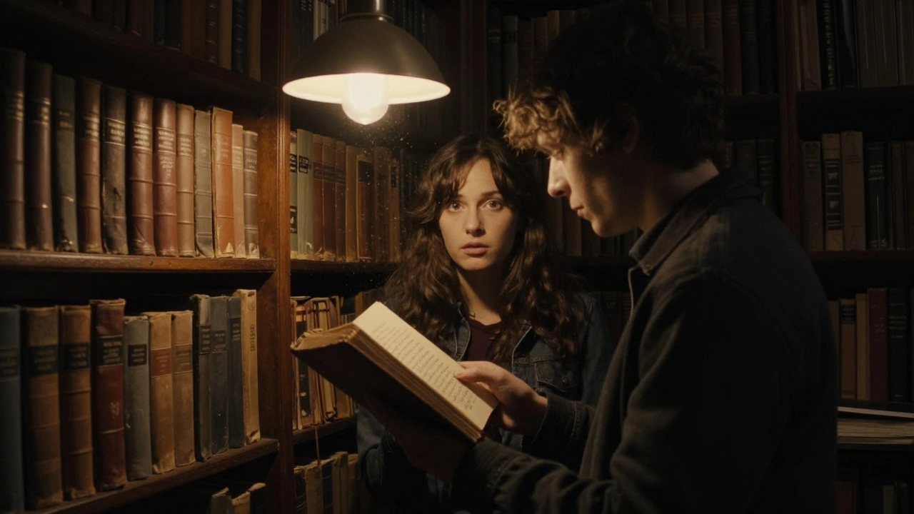 Een paar in een oude bibliotheek, kijken naar een boek met een geboortedatum.