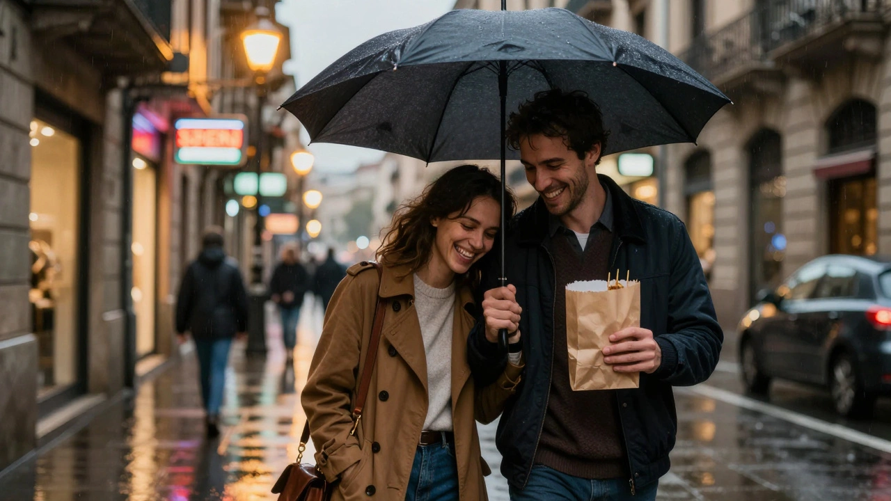 Een paar loopt hand in hand door een regenachtige straat in Barcelona, lachend onder een paraplu met kebabs.