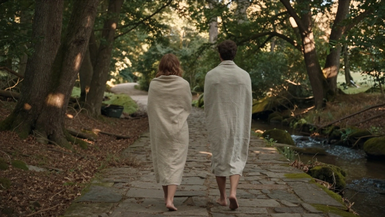 Een paar loopt naaktvoets door het Ardense bos, gekleed in linnen, zonder apparaten, in harmonie met de natuur.