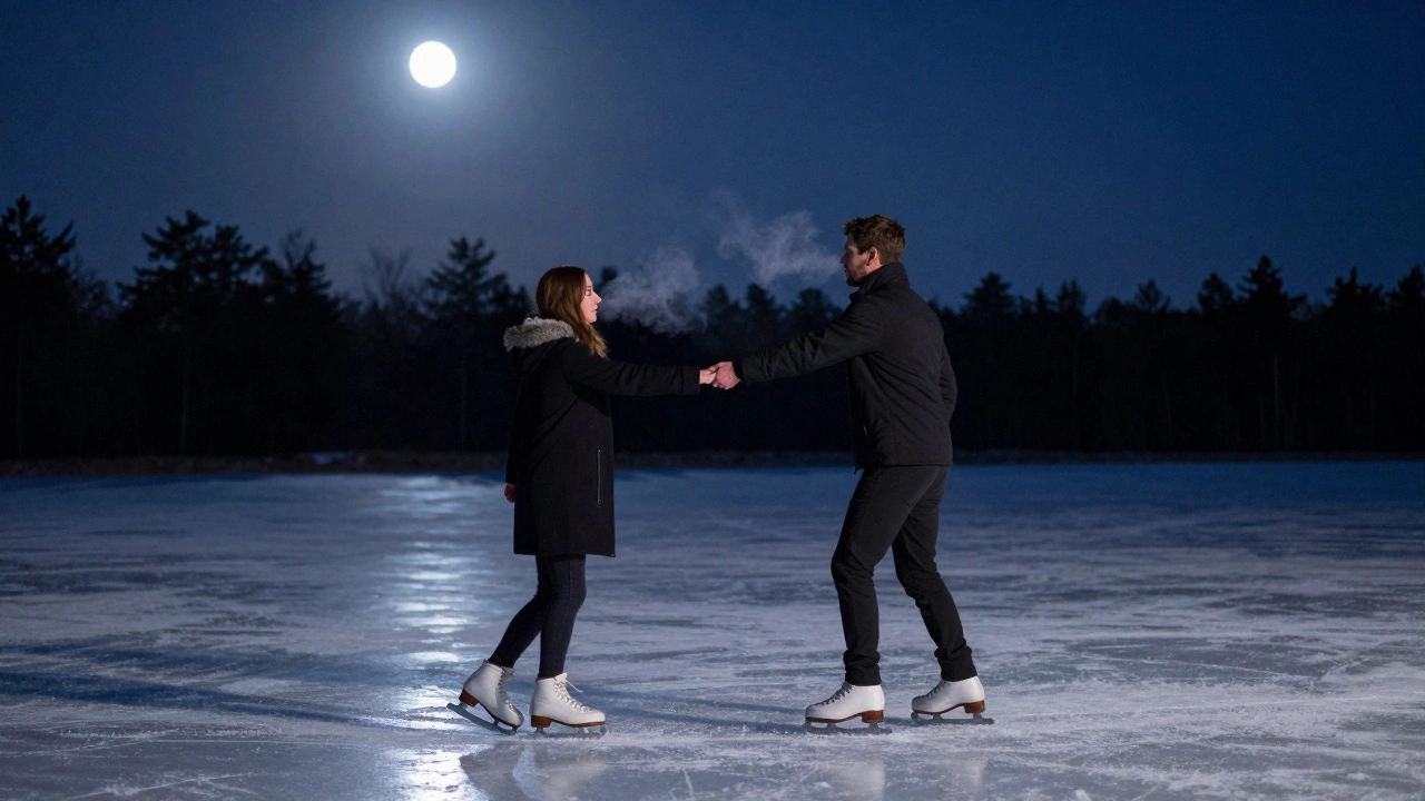 Een paar stil ice skating op een verlaten veld onder de volle maan.