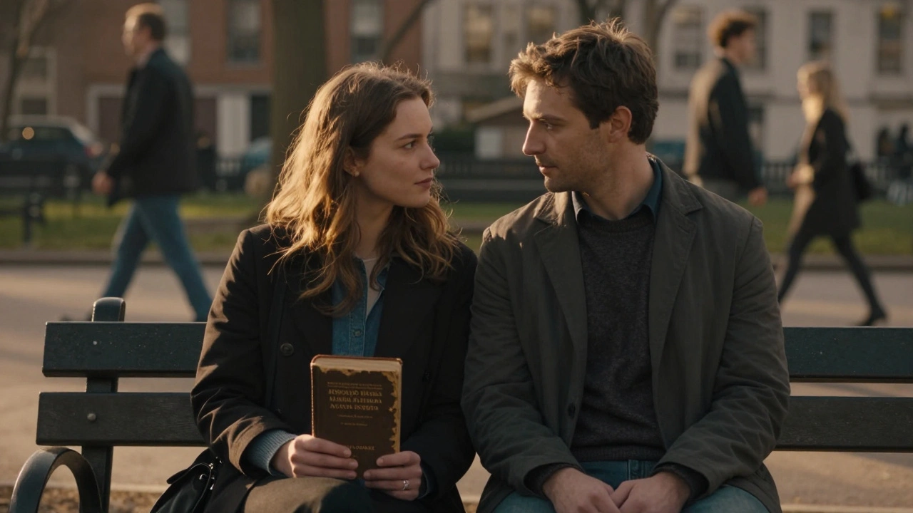 Een paar zit stilletjes op een bank in het park, een boek in de hand, in een moment van diepe verbinding.