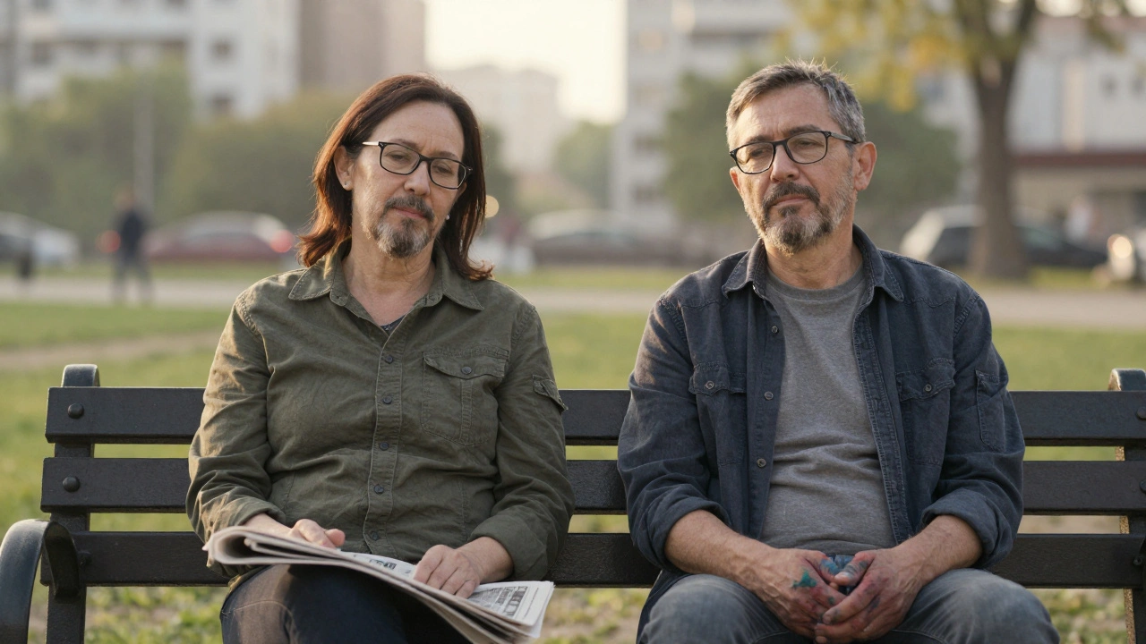 Een stille koppel op een bank in de avondzon, rustig en verbonden zonder woorden.