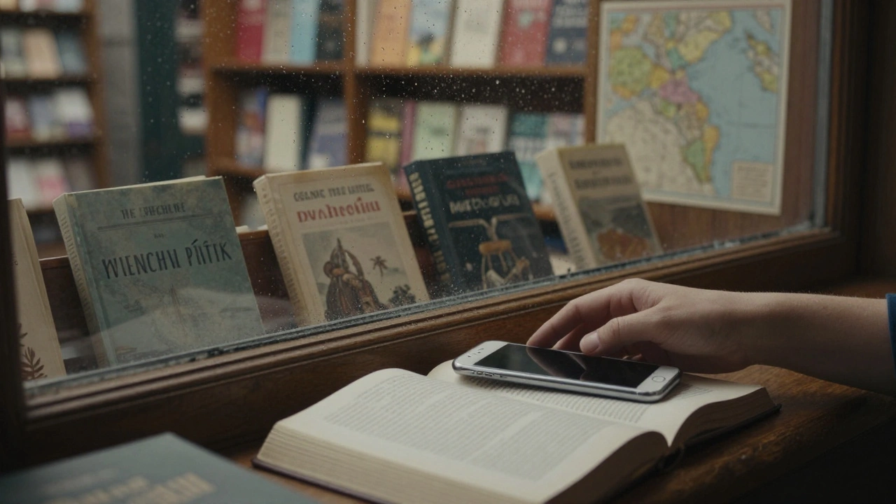 Een telefoon ligt neergelegd naast een boek over zeeën, bij een raam met regen en een tweedehands boekwinkel buiten.