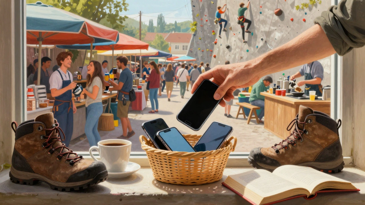 Een telefoon wordt weggelegd naast een kop koffie en een boek, terwijl het leven buiten zich ontvouwt.