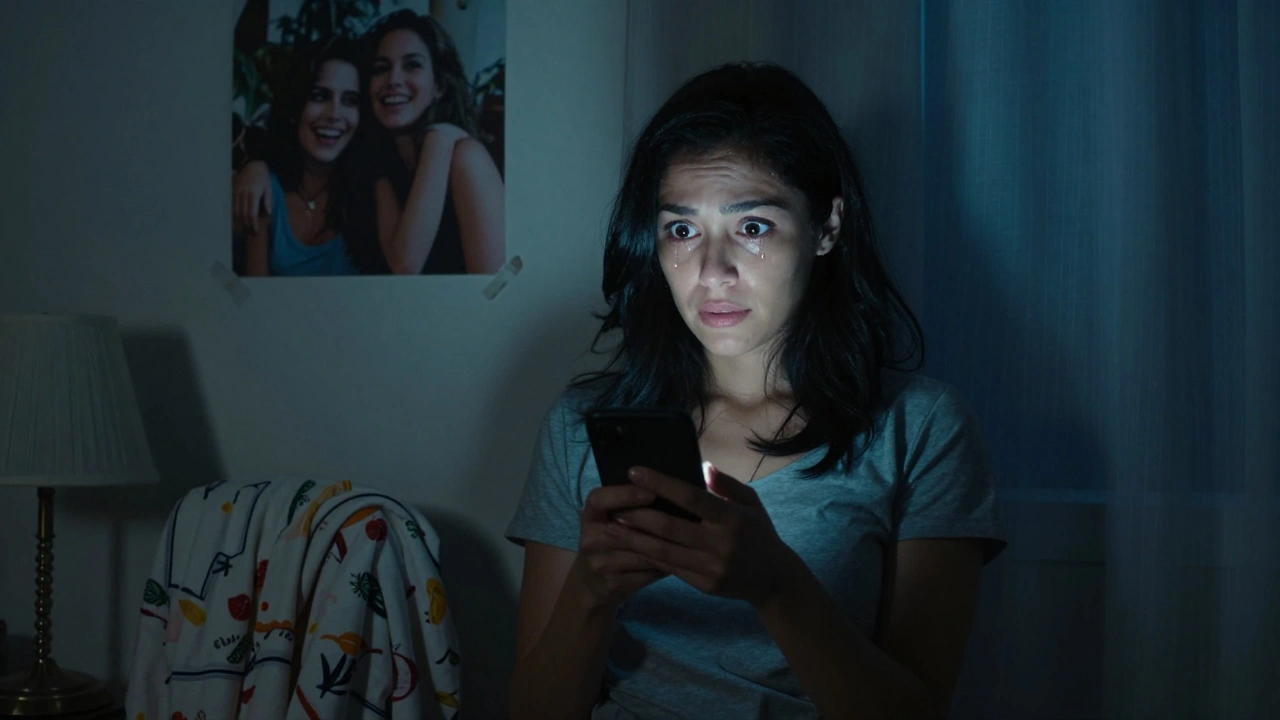 Een vrouw kijkt naar haar telefoon met tranen in haar ogen, verlicht door het scherm in haar slaapkamer.