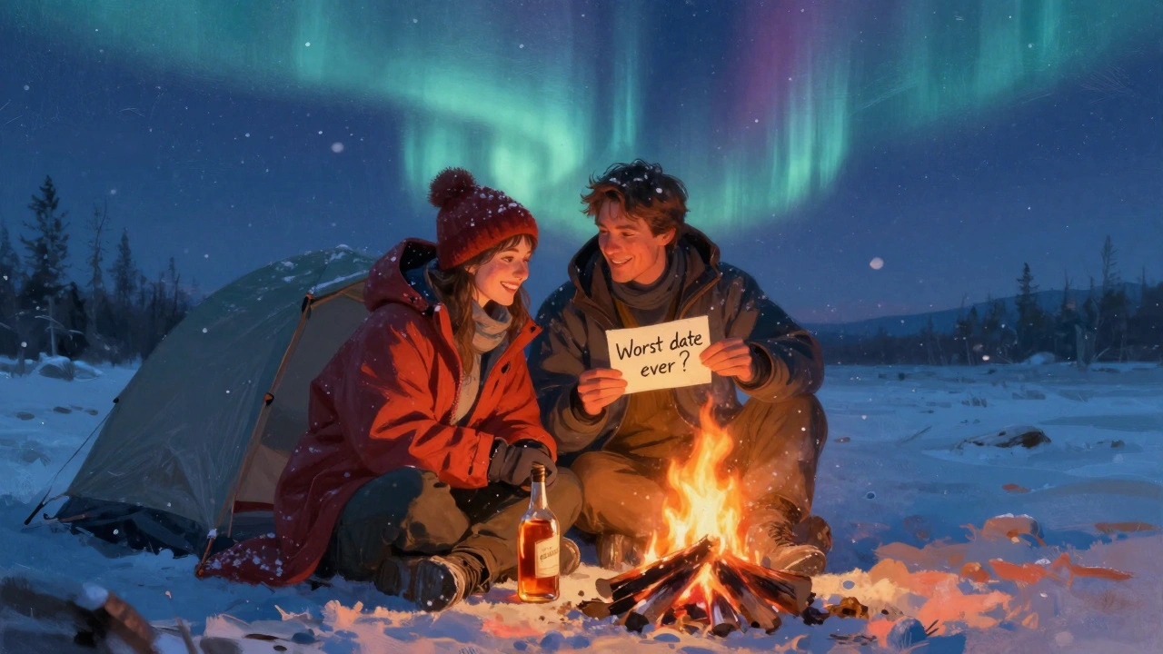 Man en vrouw bij een kampvuur bij de Noordpool, zij draagt zijn jas, aurora borealis boven hen, whiskeyfles tussen hen.