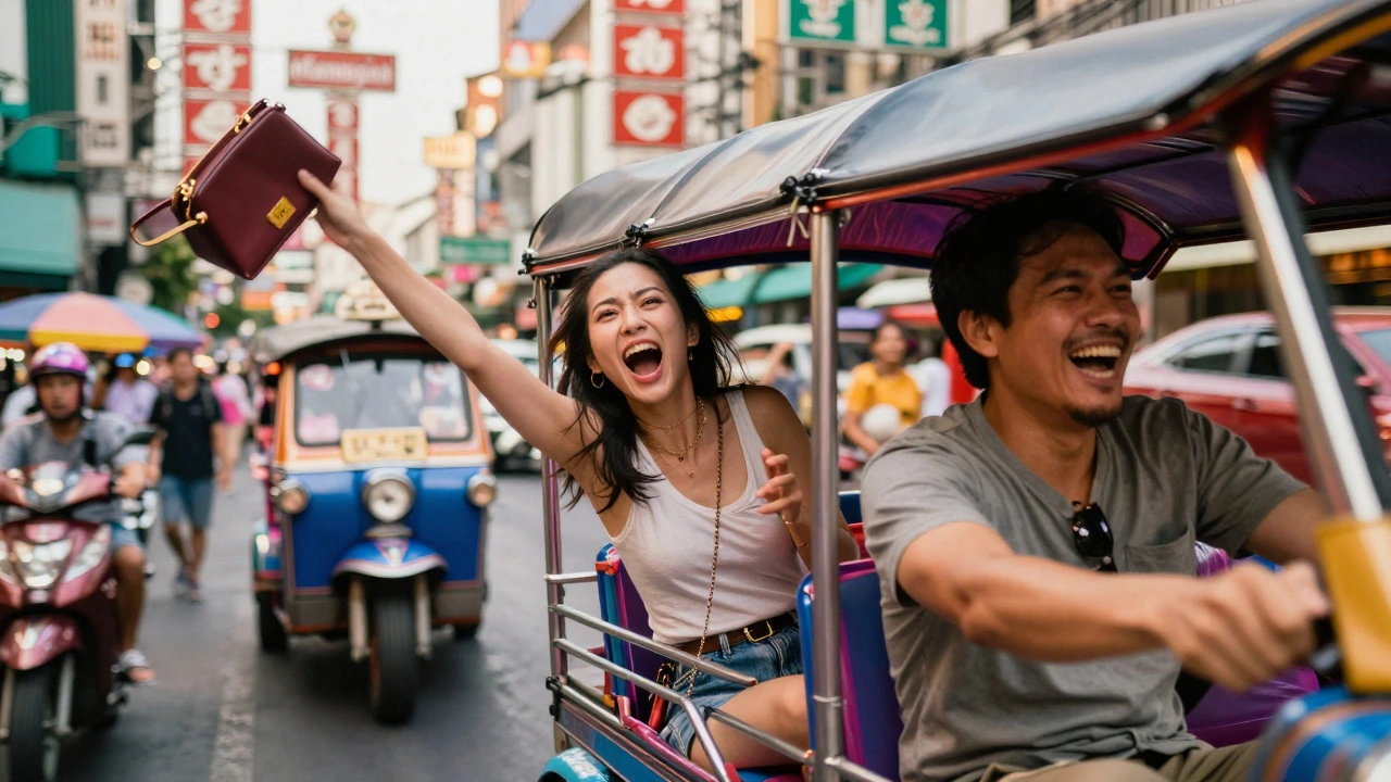 Man en vrouw in een tuk-tuk in Bangkok, zij gooit haar tas naar buiten, hij lacht, straatleven in de achtergrond.