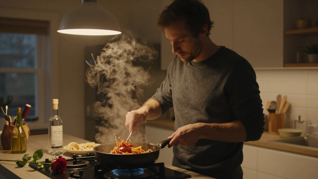Man kookt pasta in keuken, roze roos op aanrecht, warm licht.