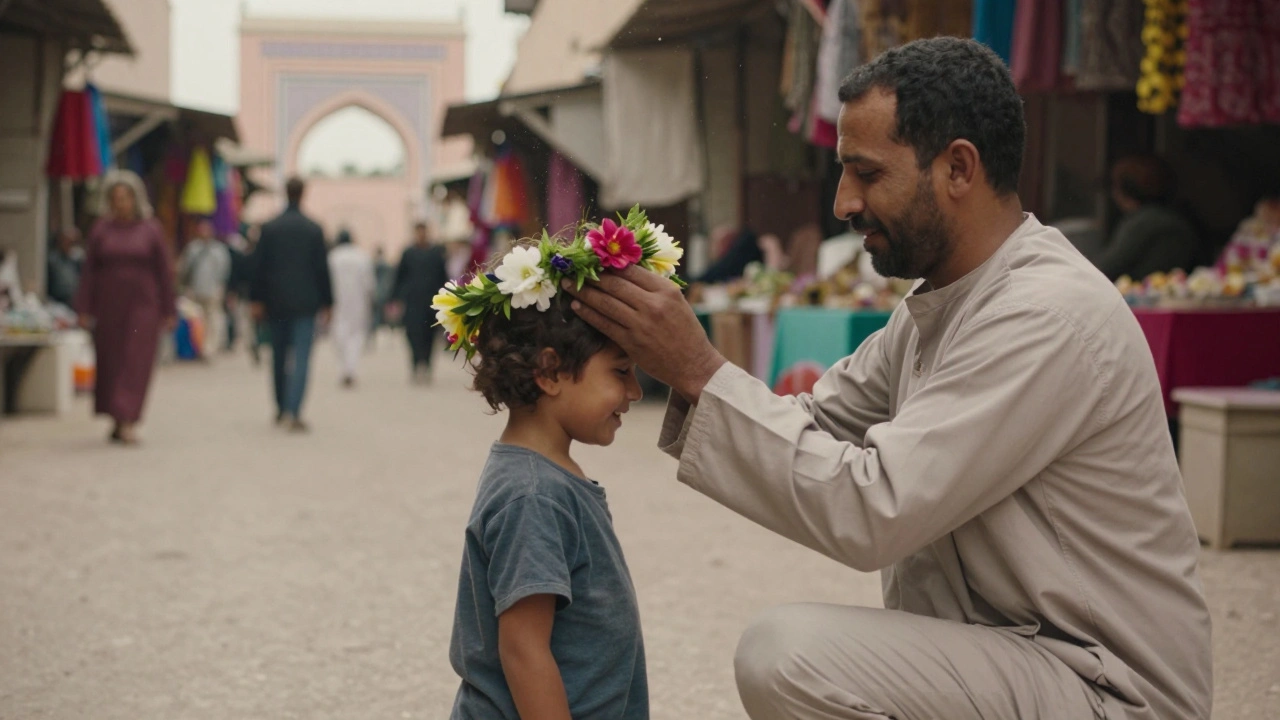 Man plaatst bloemenkroon op kinderkop in Marokkaanse straat.