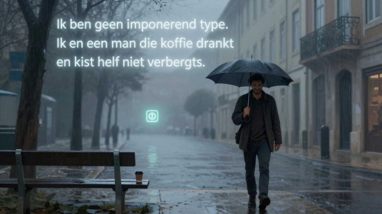 Man walking in rainy Lisbon, smiling, with floating words from a meaningful match behind him.
