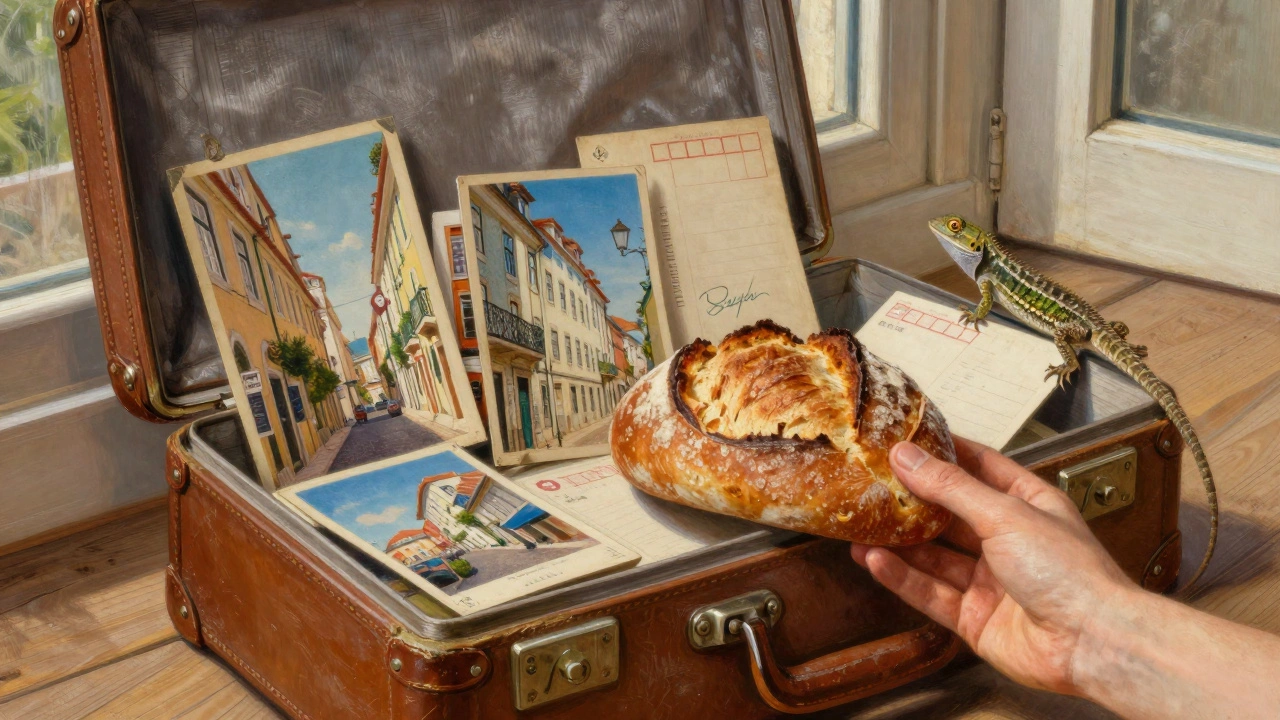 Oude koffer vol postkaarten met een hagedis en een stuk brood erop.