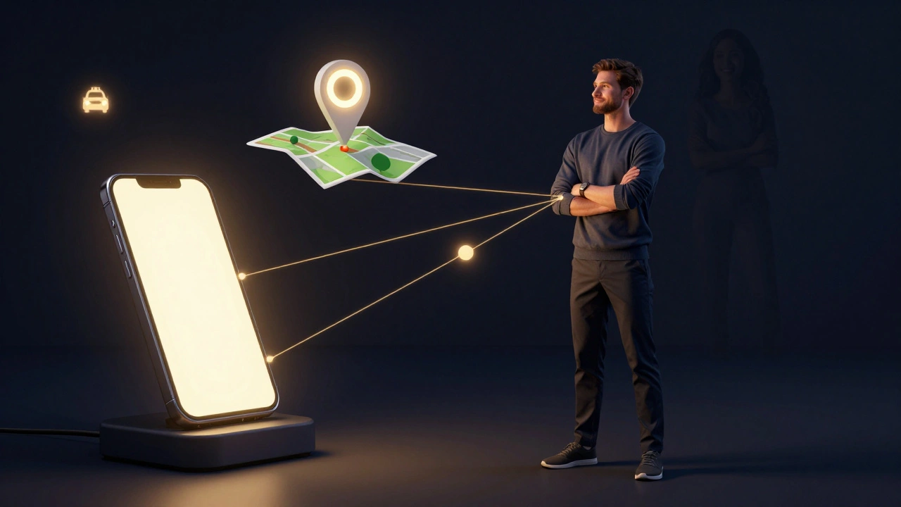 Symbolische weergave van controle tijdens een nachtdating: telefoon, GPS en taxi in gouden lijnen.