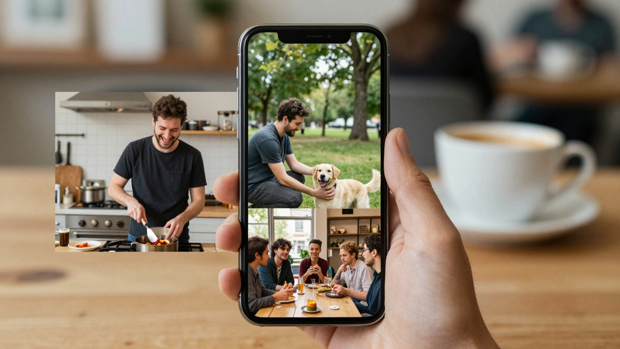 Three authentic photos of a man cooking, petting a dog, and laughing with friends on a phone screen.