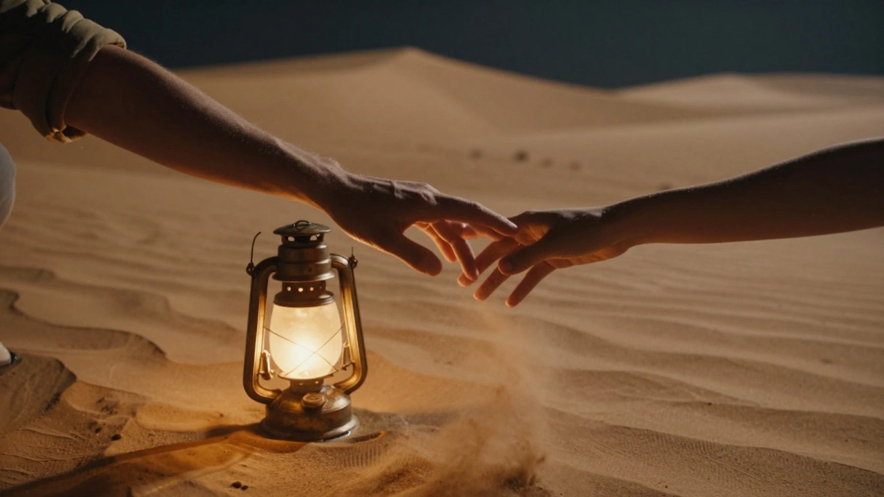 Twee handen naderen elkaar in de woestijnnacht, verlicht door een lantaarn, terwijl zand in de wind zweeft.