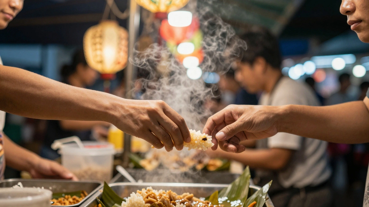 Twee handen reiken tegelijk naar een stokje met mango sticky rice op een nachtmarkt.