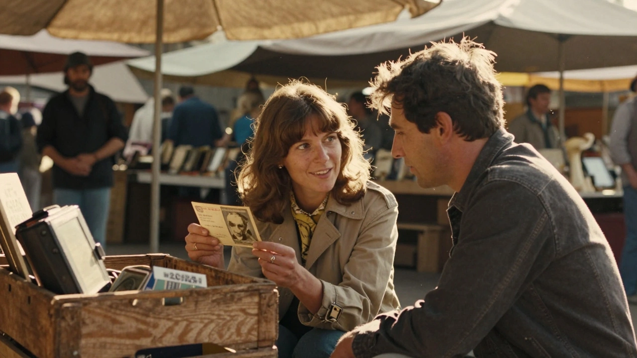 Twee mensen bij een marktstand, een vrouw toont een oude postkaart, de man luistert aandachtig.