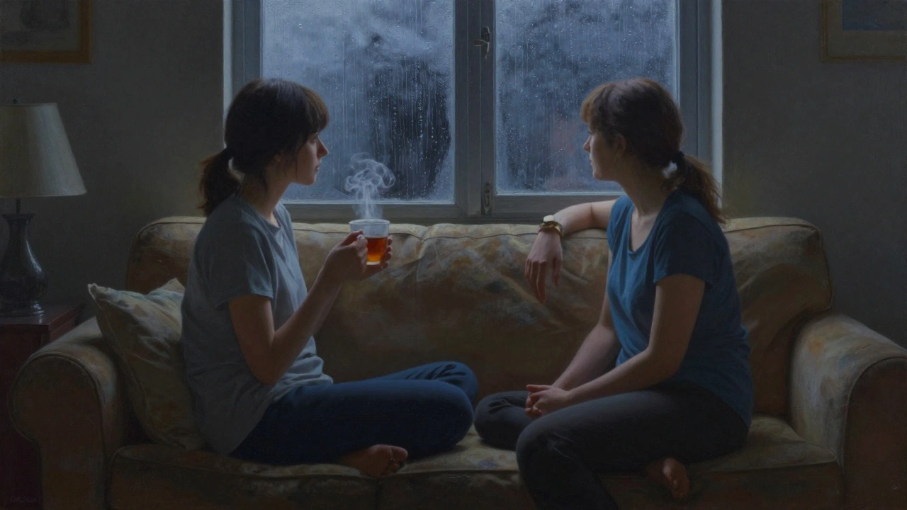 Twee personen op de bank na middernacht, stilte, thee, regen op het raam, warm licht en rust.