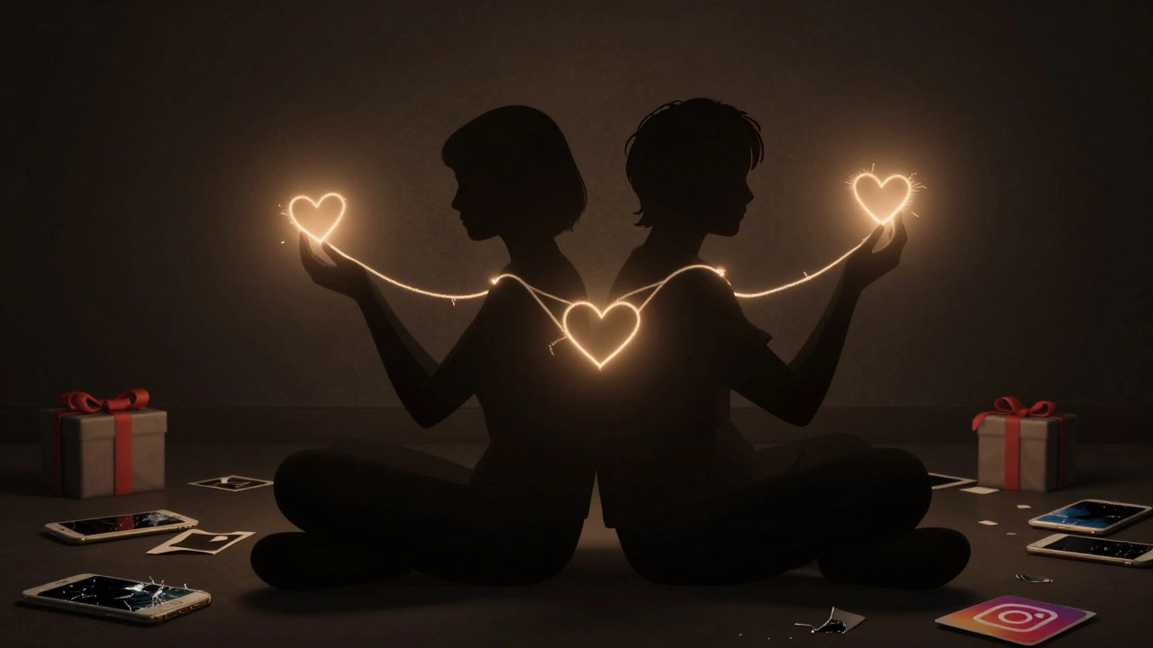 Twee silhouetten verbonden door lichtende draden, terwijl oude relaties verschrompelen.