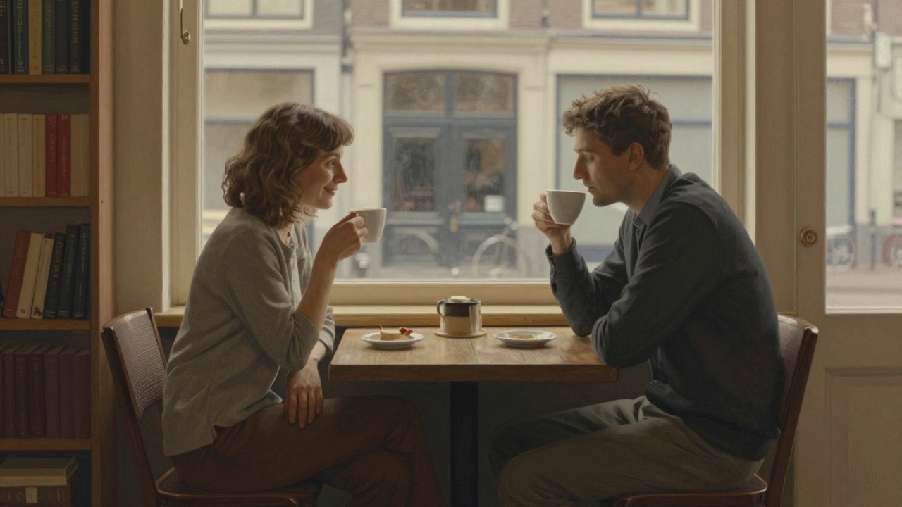 Two people sharing quiet coffee in a sunlit café, respecting each other's space.