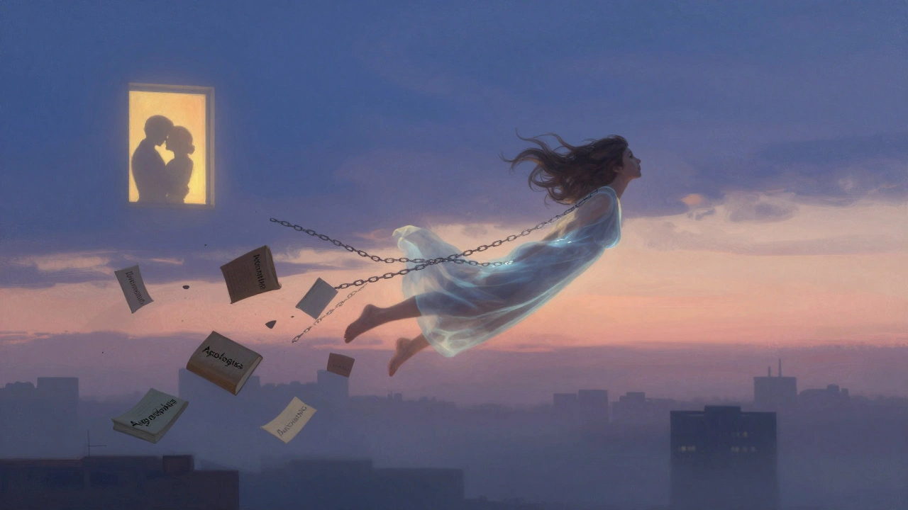 Vrouw zwevend boven een stad, ketens vallend, licht van vrijheid.