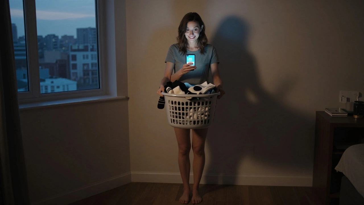 Woman barefoot with laundry, smiling at phone showing quirky dating profile.