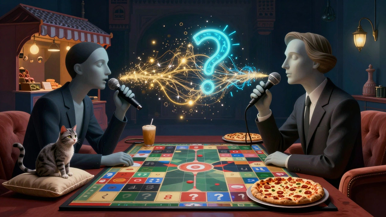 Een abstract spelbord met symbolen van reizen, katten en pizza, met twee figuren die een emotionele connectie zoeken.