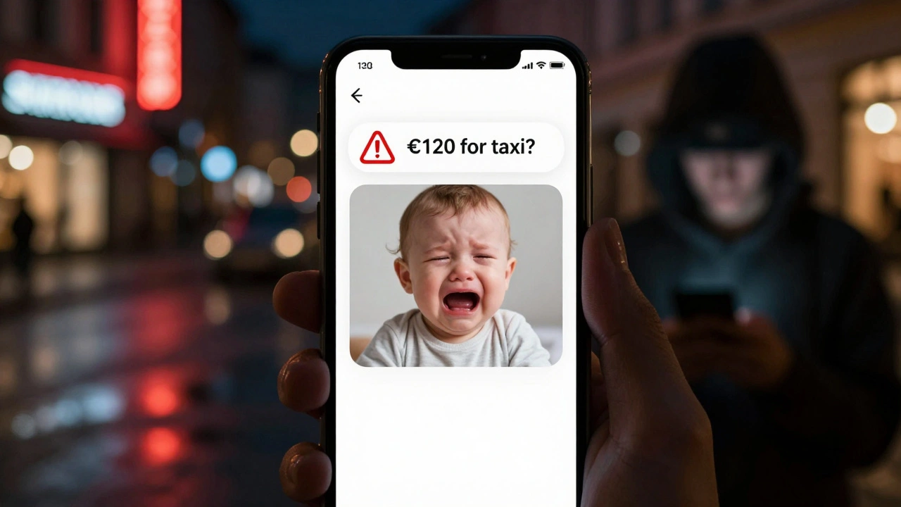 Een datingprofiel met een stockfoto van een baby en een bericht over geldvraag, met een donkere schaduw in de achtergrond.