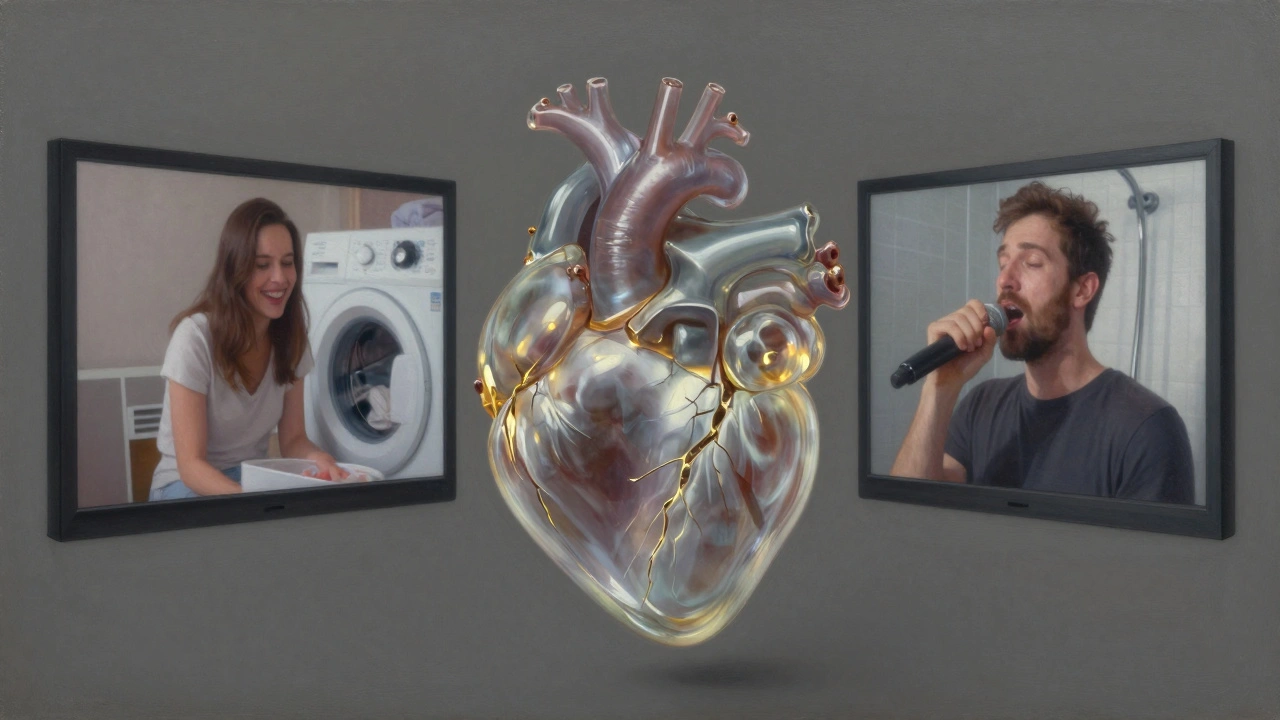 Een glazen hart tussen twee schermen die echte, ongefilterde momenten van twee mensen tonen, met gouden licht in de barsten.