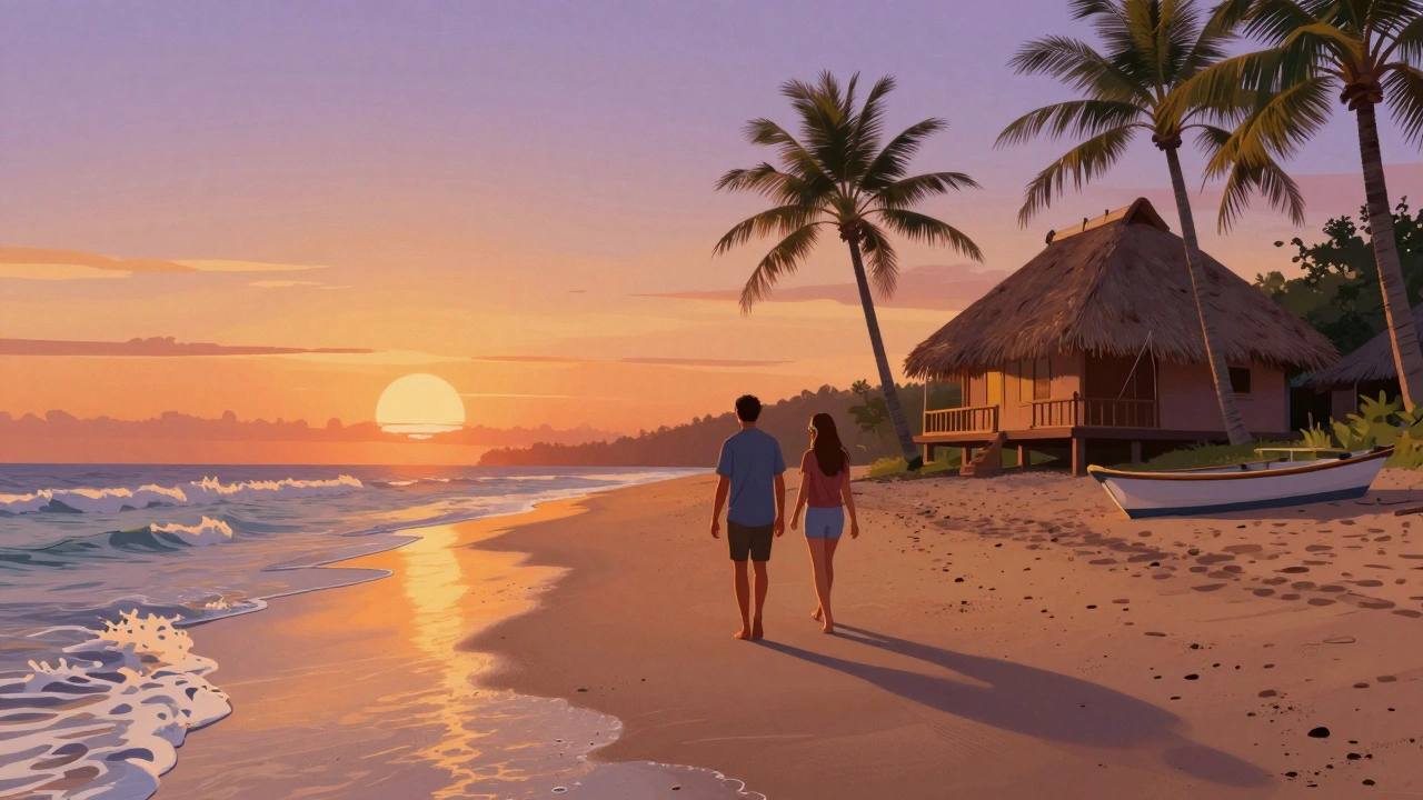 Een koppel geniet van een zonsondergang aan het strand met een eenvoudige bungalow