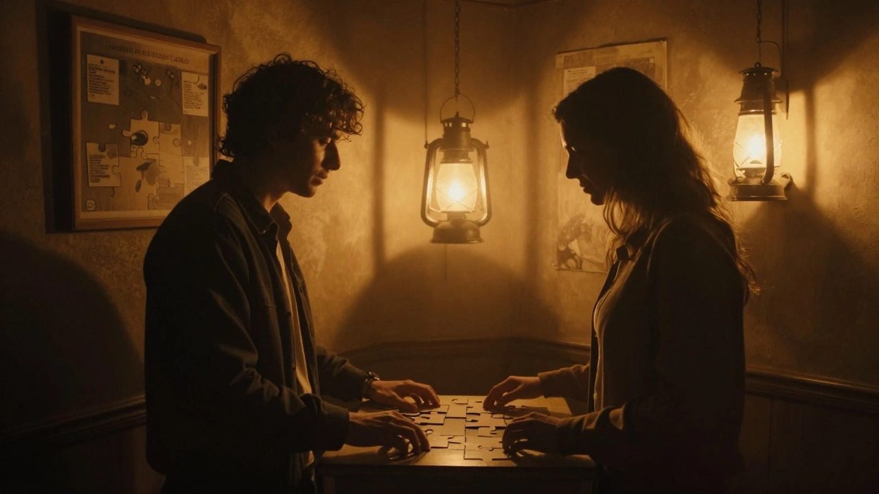 Een koppel in een escape room, hun handen dichtbij terwijl ze samen een raadsel oplossen.