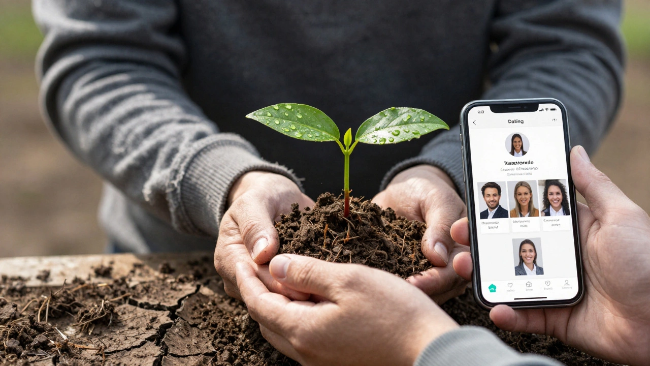 Een man houdt een jonge plant in zijn handen, zonlicht valt op het eerste blad.