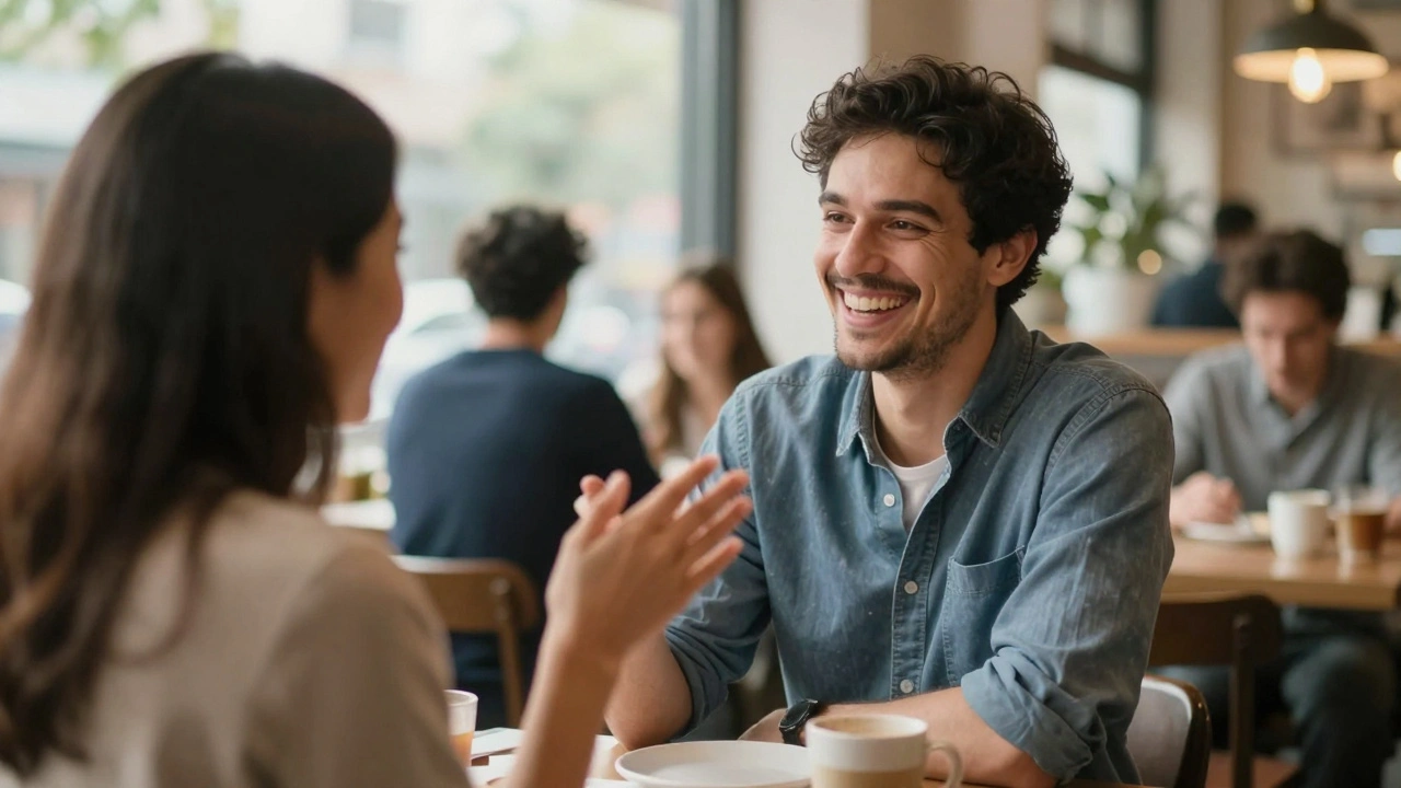 Een man lacht met een vrouw in een café, authentieke interactie zonder clichés.